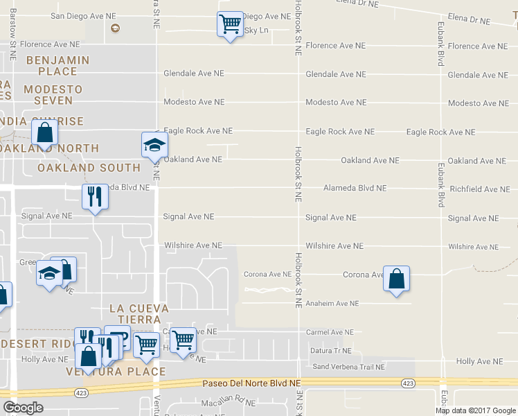 map of restaurants, bars, coffee shops, grocery stores, and more near 9411 Signal Avenue Northeast in Albuquerque