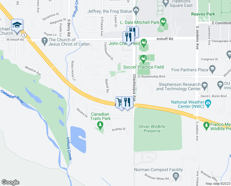 map of restaurants, bars, coffee shops, grocery stores, and more near 3304 Ridgecrest Circle in Norman