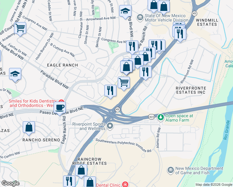 map of restaurants, bars, coffee shops, grocery stores, and more near 9231 Coors Boulevard Northwest in Albuquerque