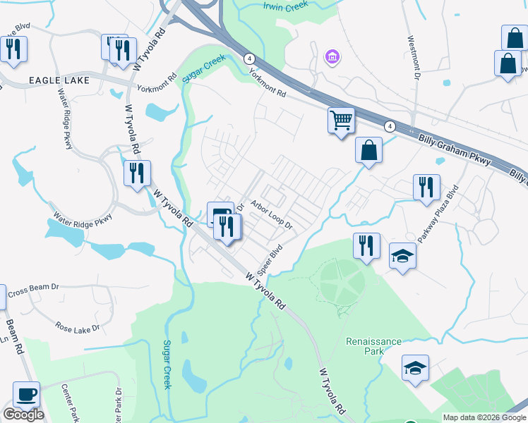 map of restaurants, bars, coffee shops, grocery stores, and more near Potomac River Parkway in Charlotte