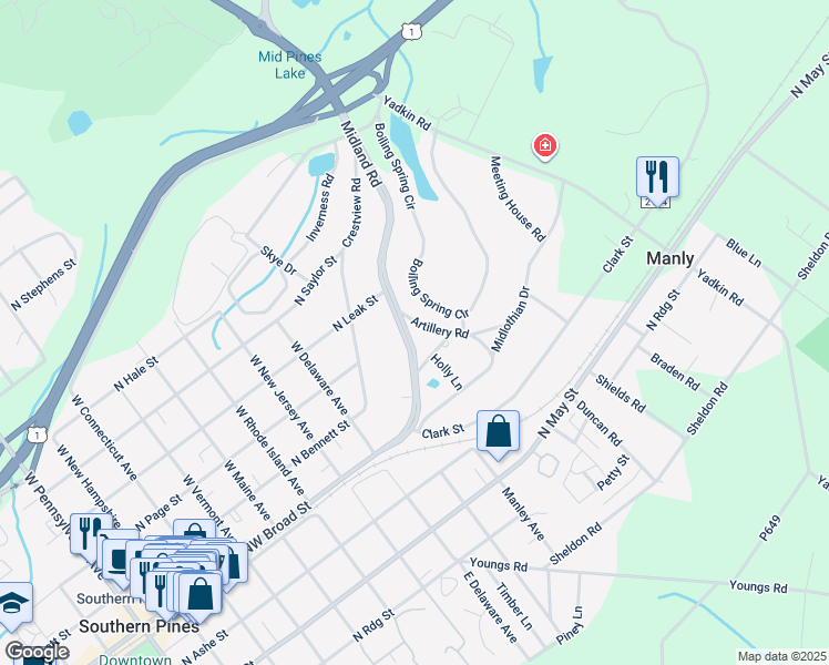 map of restaurants, bars, coffee shops, grocery stores, and more near 197 Midland Road in Southern Pines