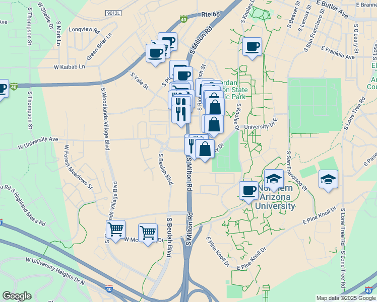 map of restaurants, bars, coffee shops, grocery stores, and more near 201 W University Dr in Flagstaff