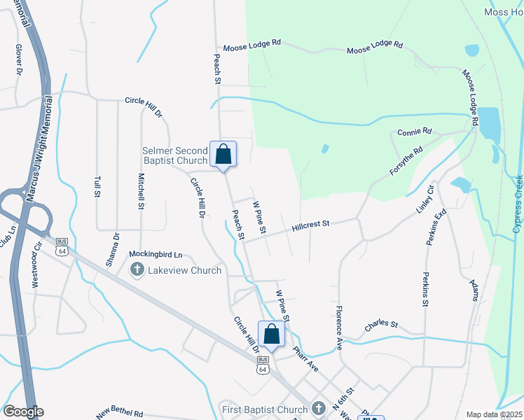 map of restaurants, bars, coffee shops, grocery stores, and more near 906 West Pine Street in Selmer