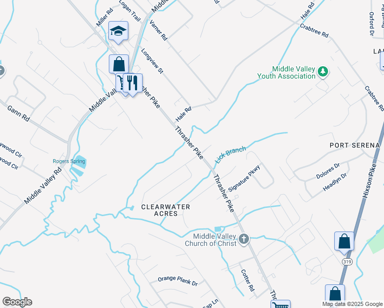 map of restaurants, bars, coffee shops, grocery stores, and more near 1754 Thrasher Pike in Middle Valley