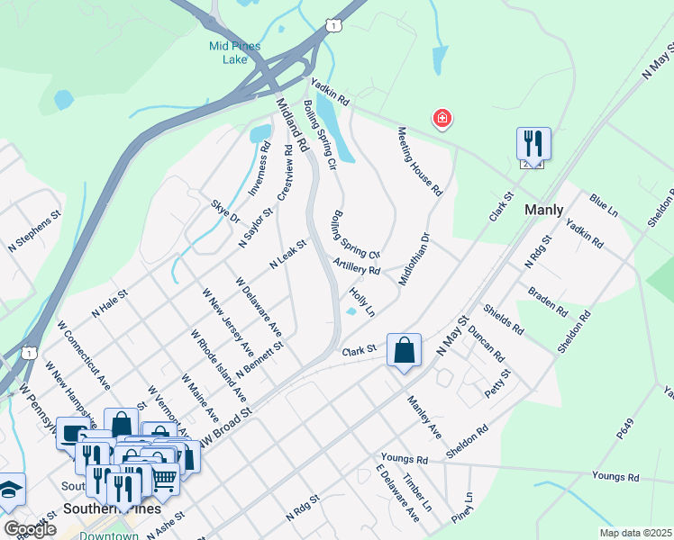 map of restaurants, bars, coffee shops, grocery stores, and more near 197 Midland Road in Southern Pines