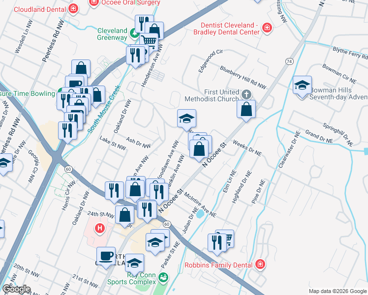 map of restaurants, bars, coffee shops, grocery stores, and more near 3007 Woodlawn Avenue Northwest in Cleveland