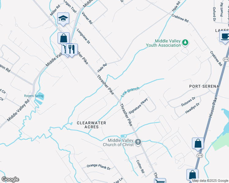 map of restaurants, bars, coffee shops, grocery stores, and more near 1759 Thrasher Pike in Middle Valley