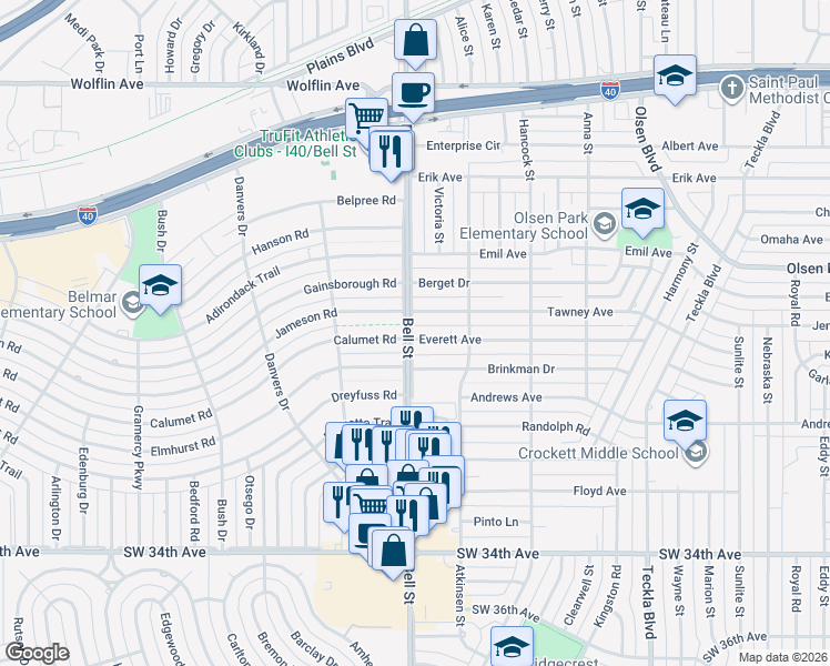map of restaurants, bars, coffee shops, grocery stores, and more near 6001 Jameson Road in Amarillo