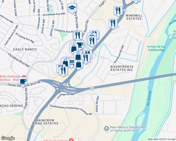 map of restaurants, bars, coffee shops, grocery stores, and more near 9370 Coors Boulevard Northwest in Albuquerque