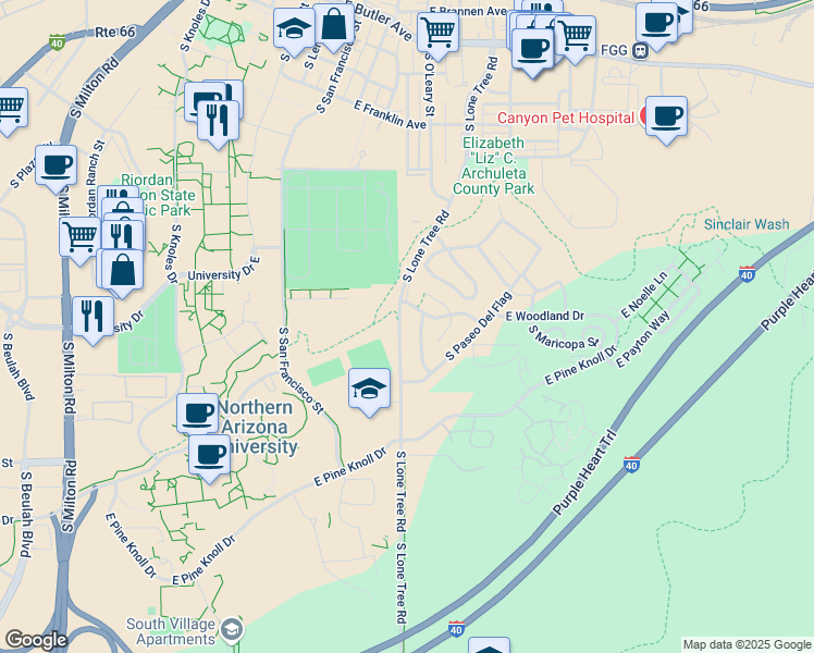 map of restaurants, bars, coffee shops, grocery stores, and more near 1210 South Lone Tree Road in Flagstaff