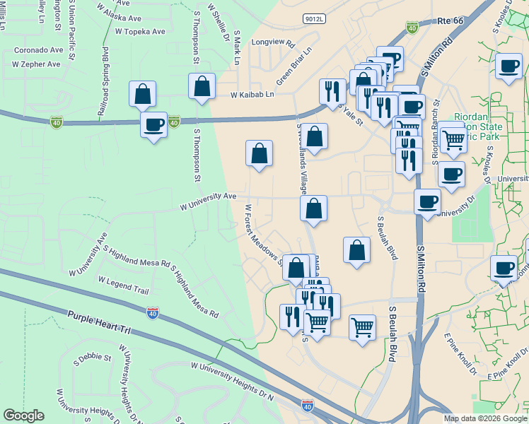 map of restaurants, bars, coffee shops, grocery stores, and more near 1185 West University Avenue in Flagstaff
