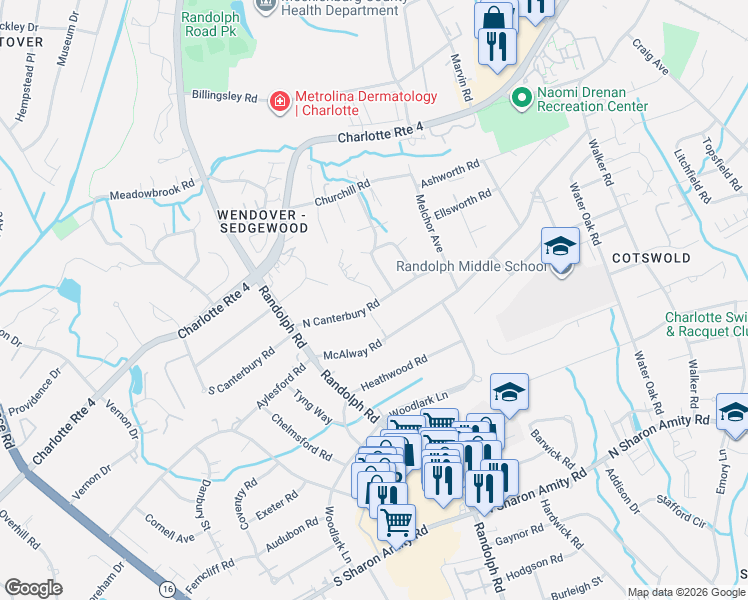map of restaurants, bars, coffee shops, grocery stores, and more near in Charlotte