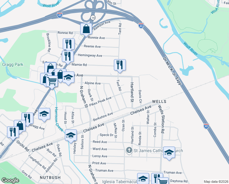 map of restaurants, bars, coffee shops, grocery stores, and more near 1918 Eldorado Street in Memphis
