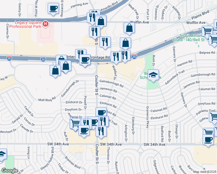 map of restaurants, bars, coffee shops, grocery stores, and more near 7207 Gainsborough Drive in Amarillo