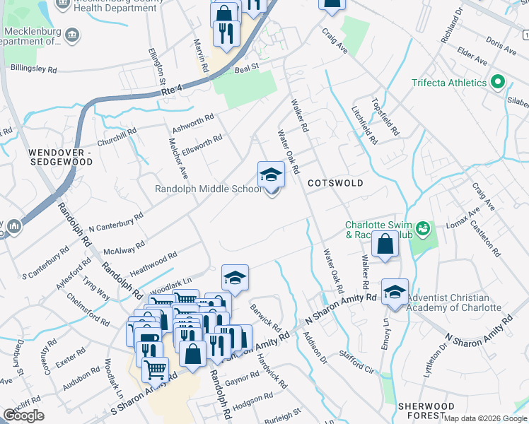 map of restaurants, bars, coffee shops, grocery stores, and more near 4400 Water Oak Road in Charlotte
