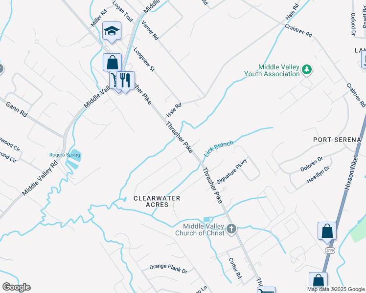 map of restaurants, bars, coffee shops, grocery stores, and more near 1754 Thrasher Pike in Middle Valley