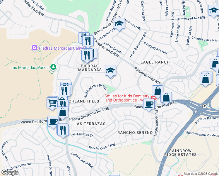 map of restaurants, bars, coffee shops, grocery stores, and more near 4190 Education Place Northwest in Albuquerque