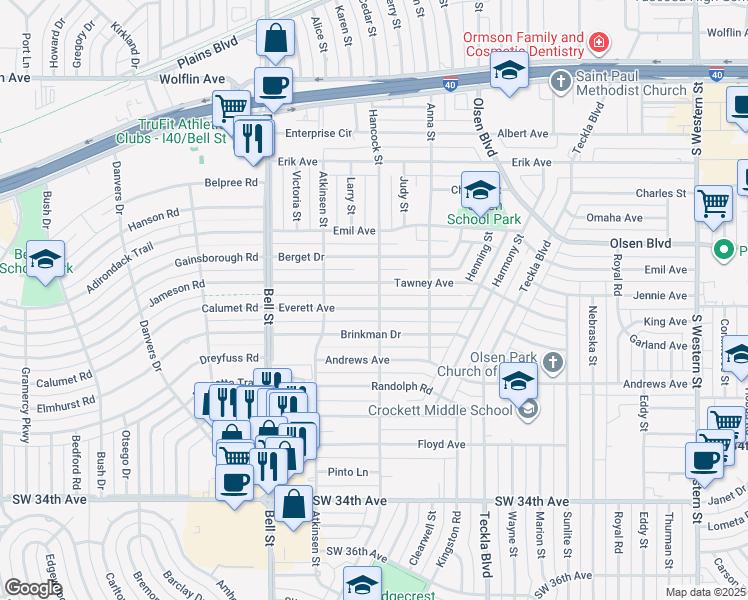 map of restaurants, bars, coffee shops, grocery stores, and more near 5500 Everett Avenue in Amarillo