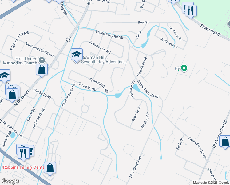 map of restaurants, bars, coffee shops, grocery stores, and more near 624 Springhill Drive Northeast in Cleveland
