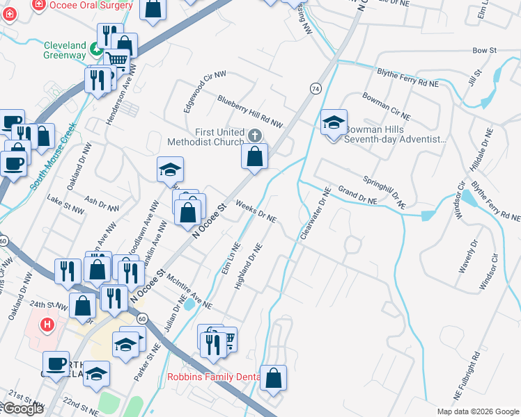 map of restaurants, bars, coffee shops, grocery stores, and more near 115 Weeks Drive Northeast in Cleveland
