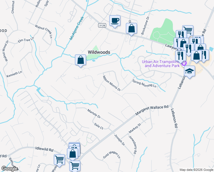 map of restaurants, bars, coffee shops, grocery stores, and more near 8505 Milton Morris Drive in Charlotte