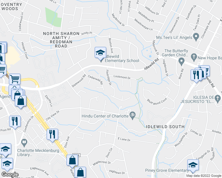 map of restaurants, bars, coffee shops, grocery stores, and more near 2723 Flintridge Drive in Charlotte
