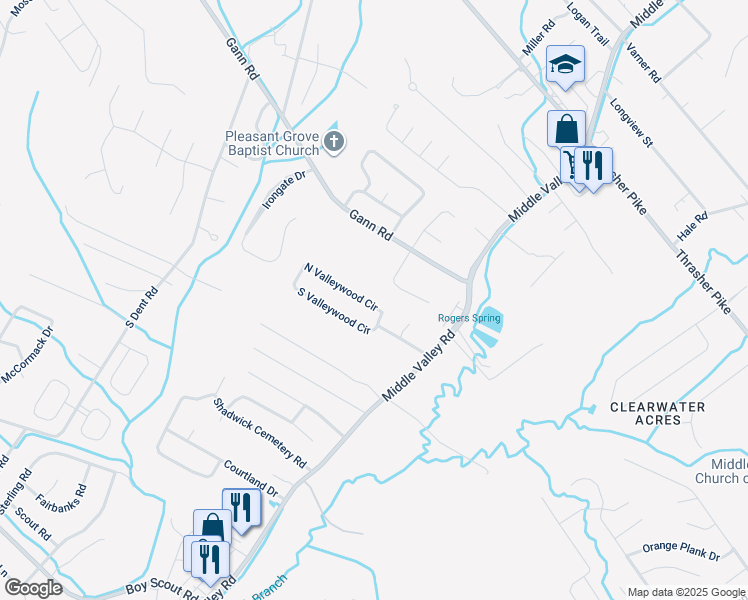map of restaurants, bars, coffee shops, grocery stores, and more near 835 North Valleywood Circle in Middle Valley