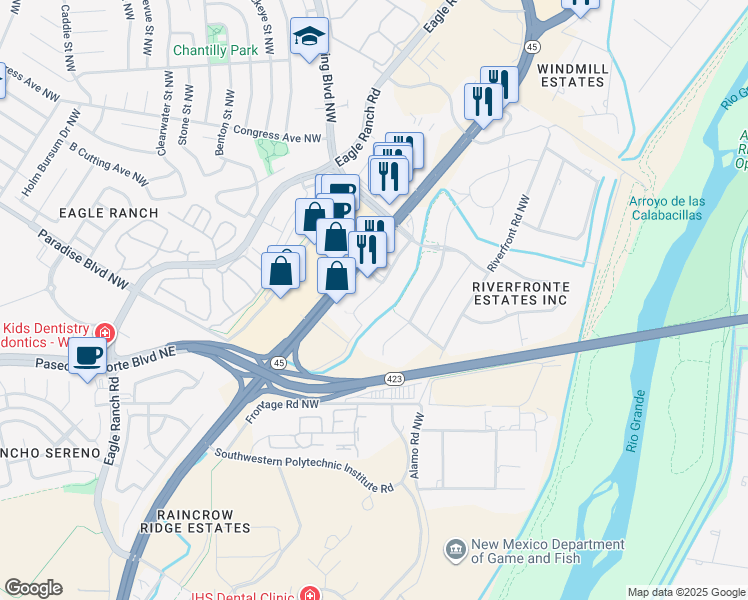 map of restaurants, bars, coffee shops, grocery stores, and more near 9370 Coors Boulevard Northwest in Albuquerque