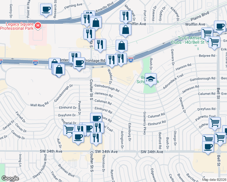 map of restaurants, bars, coffee shops, grocery stores, and more near 7120 Gainsborough Road in Amarillo