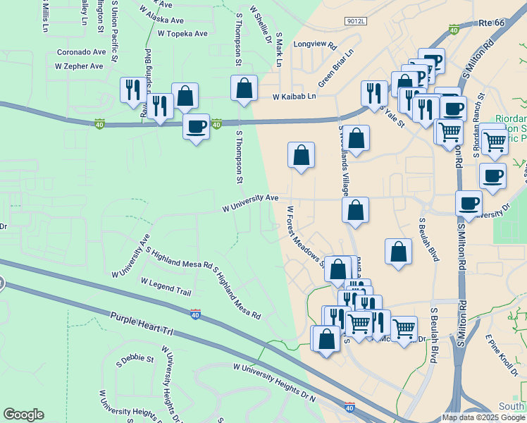 map of restaurants, bars, coffee shops, grocery stores, and more near 1573 West University Heights Drive North in Flagstaff