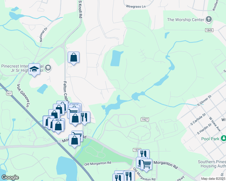 map of restaurants, bars, coffee shops, grocery stores, and more near 199 Plantation Drive in Southern Pines