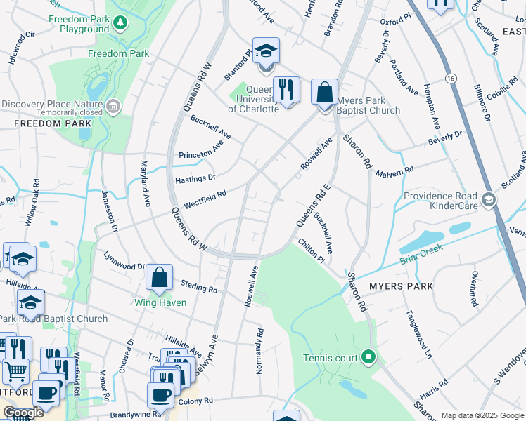 map of restaurants, bars, coffee shops, grocery stores, and more near 2243 Selwyn Avenue in Charlotte