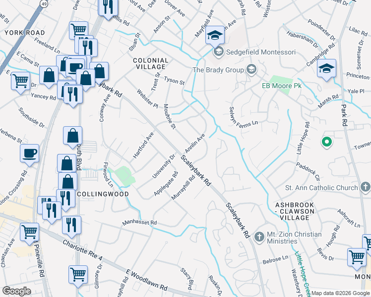 map of restaurants, bars, coffee shops, grocery stores, and more near 3852 Moultrie Street in Charlotte