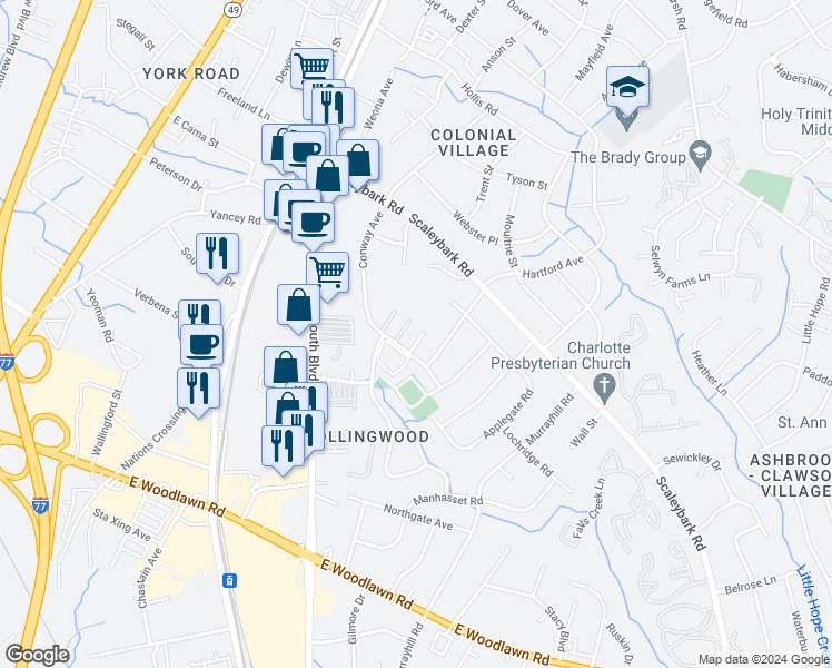 map of restaurants, bars, coffee shops, grocery stores, and more near 4105 Conway Avenue in Charlotte