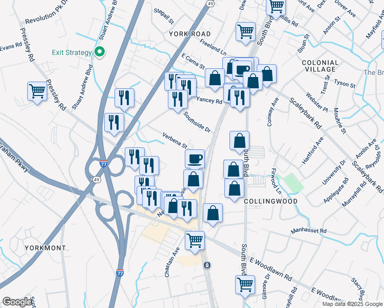 map of restaurants, bars, coffee shops, grocery stores, and more near 112 Verbena Street in Charlotte