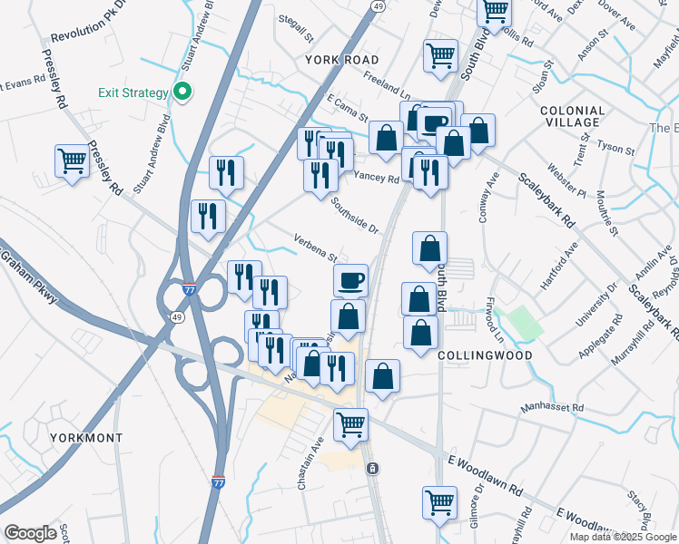 map of restaurants, bars, coffee shops, grocery stores, and more near 112 Verbena Street in Charlotte