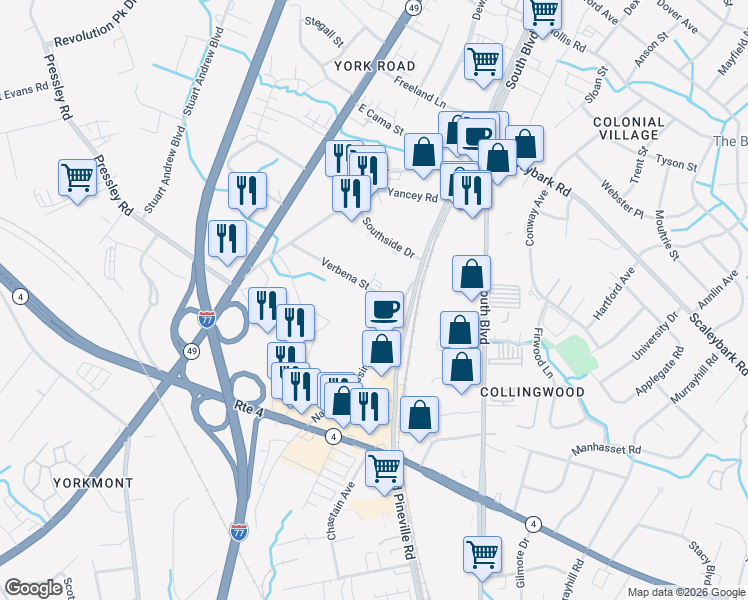 map of restaurants, bars, coffee shops, grocery stores, and more near in Charlotte