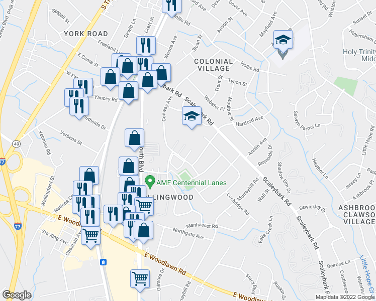 map of restaurants, bars, coffee shops, grocery stores, and more near 4131 Conway Avenue in Charlotte