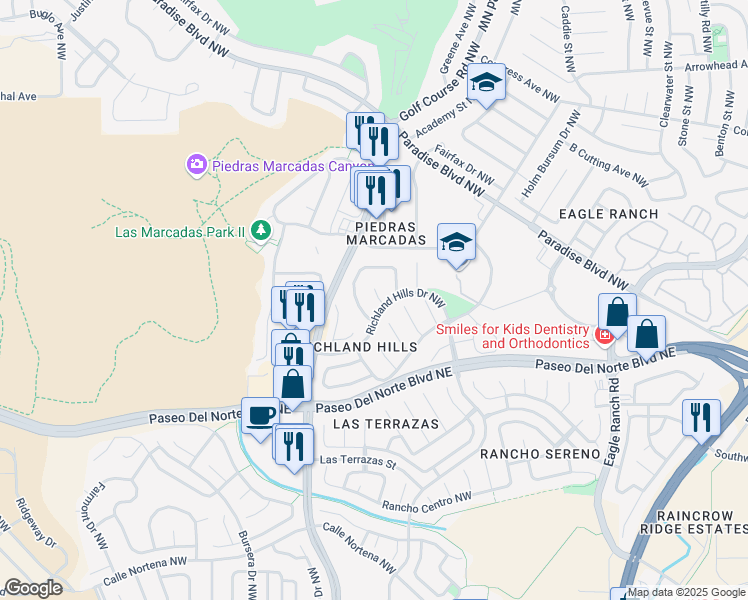 map of restaurants, bars, coffee shops, grocery stores, and more near 8705 Silvercrest Court Northwest in Albuquerque