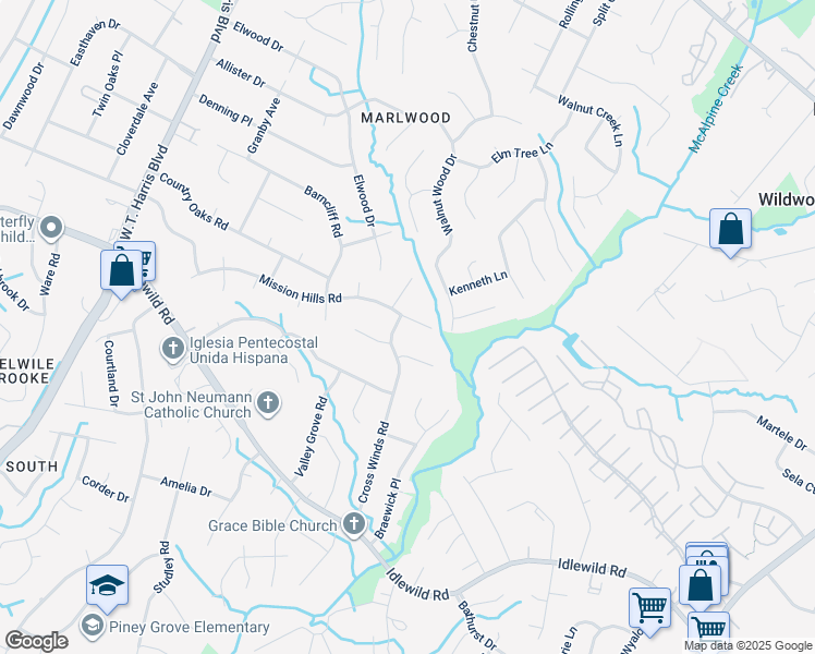 map of restaurants, bars, coffee shops, grocery stores, and more near 8712 Mission Hills Road in Charlotte