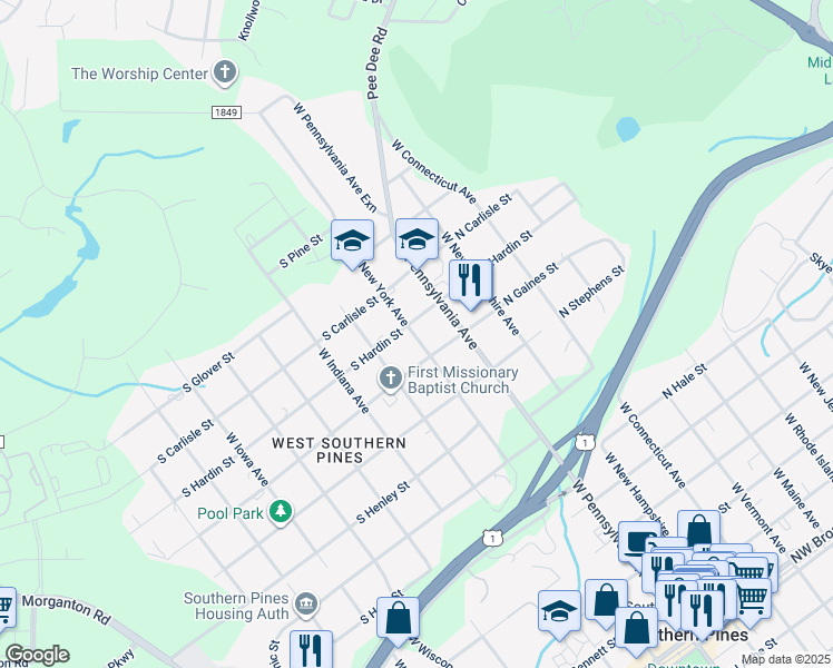map of restaurants, bars, coffee shops, grocery stores, and more near 1043 West New York Avenue in Southern Pines