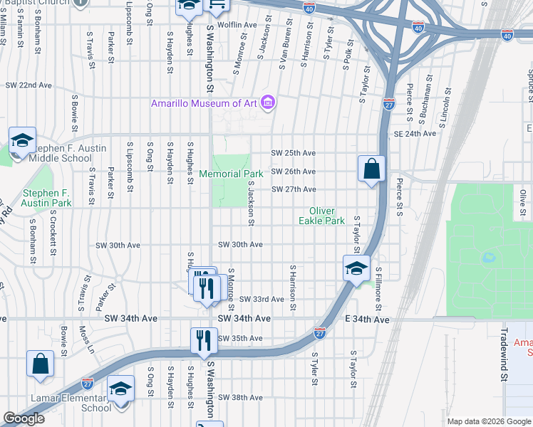 map of restaurants, bars, coffee shops, grocery stores, and more near 2802 South Van Buren Street in Amarillo