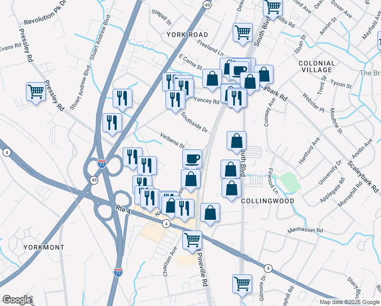 map of restaurants, bars, coffee shops, grocery stores, and more near in Charlotte