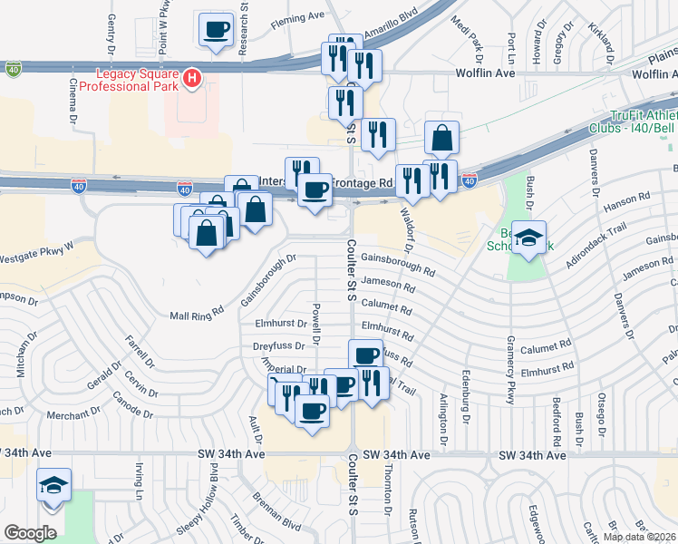 map of restaurants, bars, coffee shops, grocery stores, and more near 7302 Jameson Drive in Amarillo