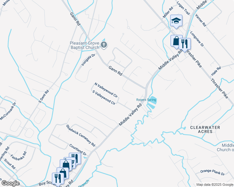 map of restaurants, bars, coffee shops, grocery stores, and more near 835 North Valleywood Circle in Middle Valley