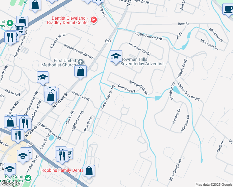 map of restaurants, bars, coffee shops, grocery stores, and more near 3446 Clearwater Drive Northeast in Cleveland