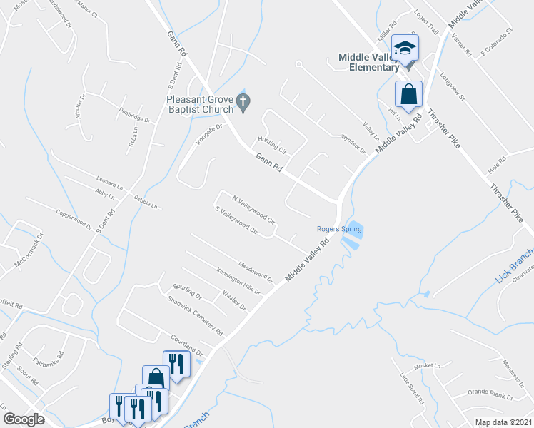 map of restaurants, bars, coffee shops, grocery stores, and more near 833 North Valleywood Circle in Middle Valley