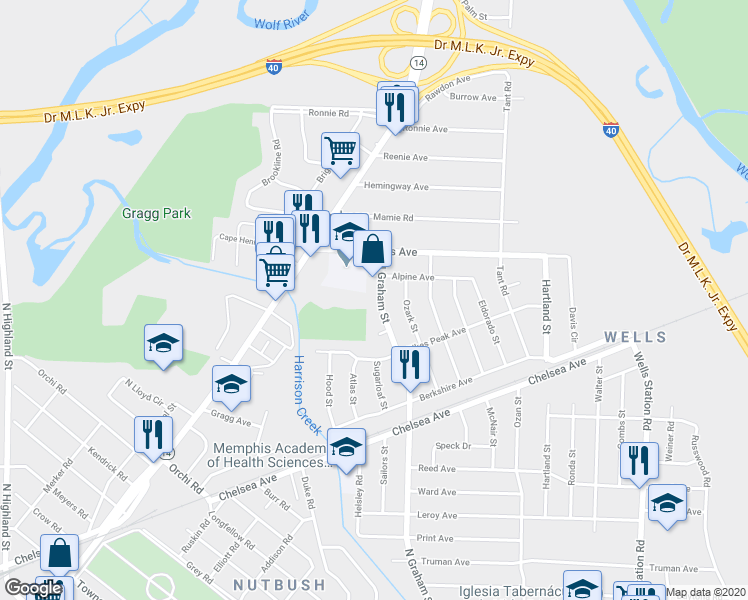 map of restaurants, bars, coffee shops, grocery stores, and more near 1887 North Graham Street in Memphis