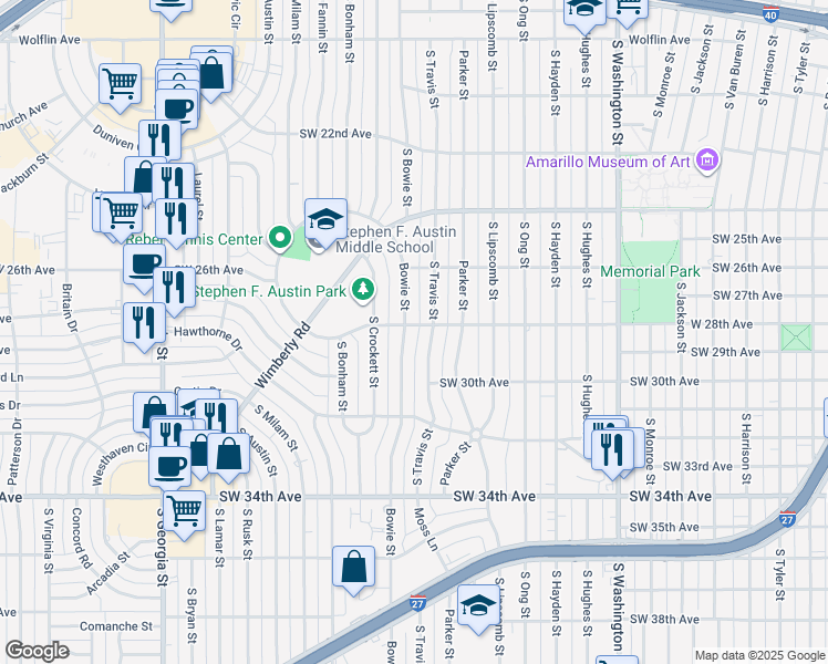 map of restaurants, bars, coffee shops, grocery stores, and more near 2612 South Travis Street in Amarillo