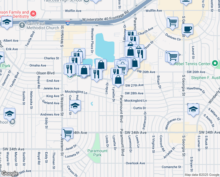 map of restaurants, bars, coffee shops, grocery stores, and more near 2706 Lynette Drive in Amarillo
